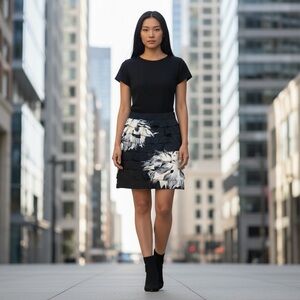 Alfani Black & Cream Ruffled Lined Skirt Size 10